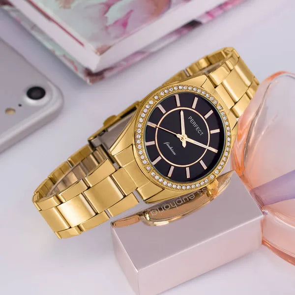 Női kvarc karóra arany szíjjal, fekete számlappal, 36 mm, díszdobozzal