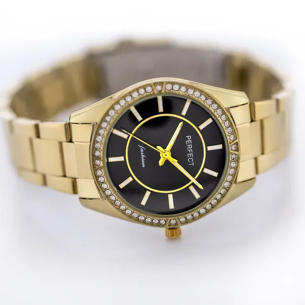 Női kvarc karóra arany szíjjal, fekete számlappal, 36 mm, díszdobozzal