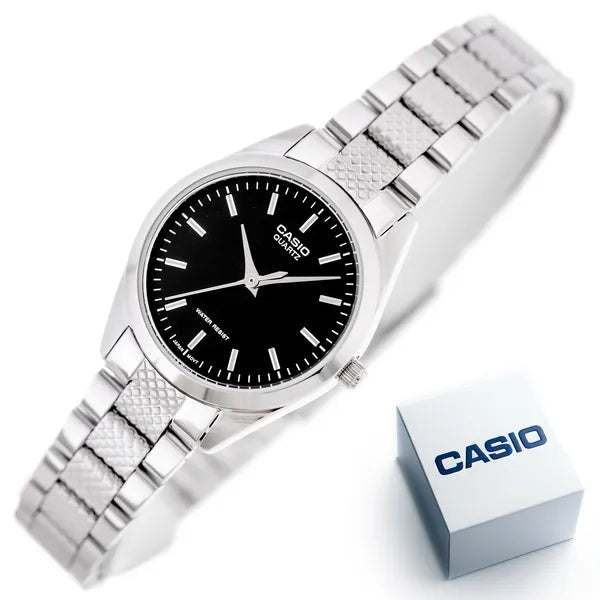 Casio női karóra LTP-1274D-1A, acél szíj, 32 mm, fekete számlap, WR30