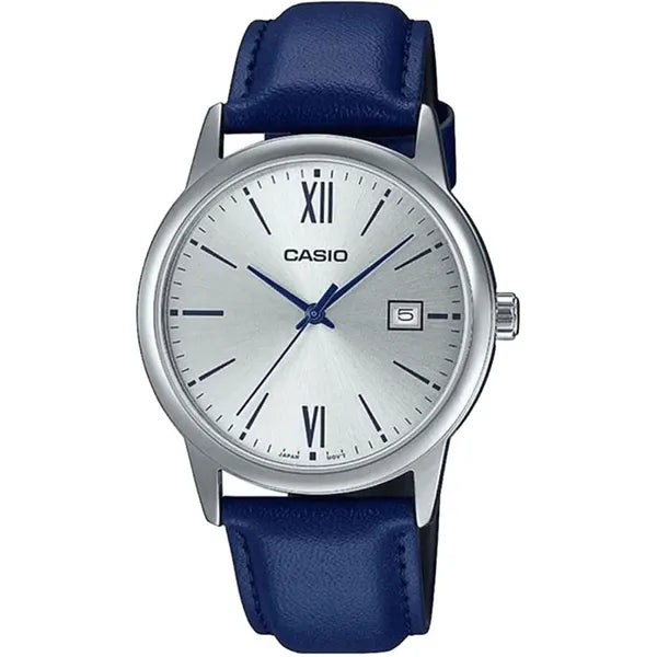 Casio MTP-V002L-2B3 férfi karóra, kvarc, bőr szíj, ezüst számlap, WR30