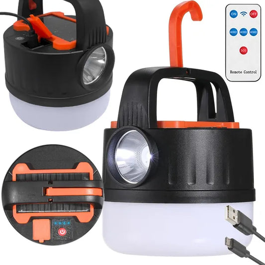 Napelemes újratölthető LED kempinglámpa USB-vel, távvezérlővel