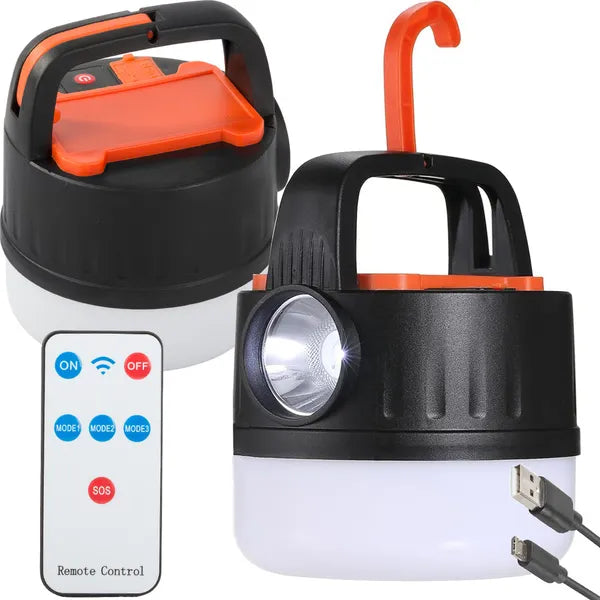 Tölthető LED kempinglámpa USB + napelemes funkcióval, akasztóval