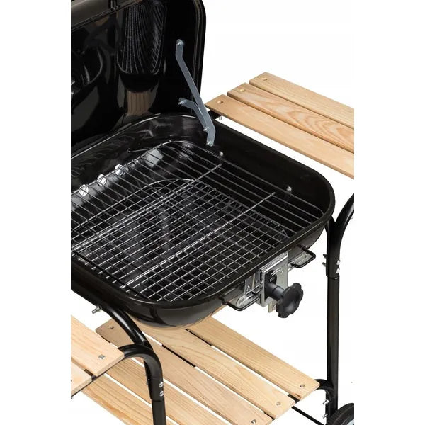 Kerti faszenes grill fedéllel, állítható rostéllyal, fa polcokkal 94×49×82 cm
