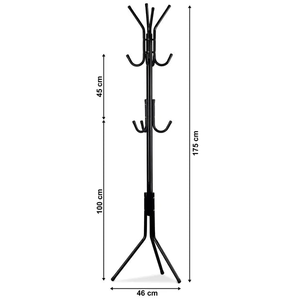 Fekete álló ruhafogas, 11 fém akasztóval, 175 cm