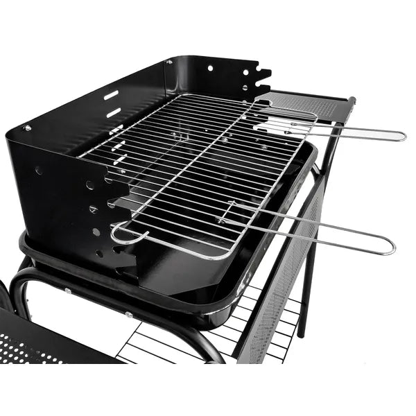 Kerti faszenes grill 53×34 cm állítható rostéllyal, polcokkal, kerekekkel