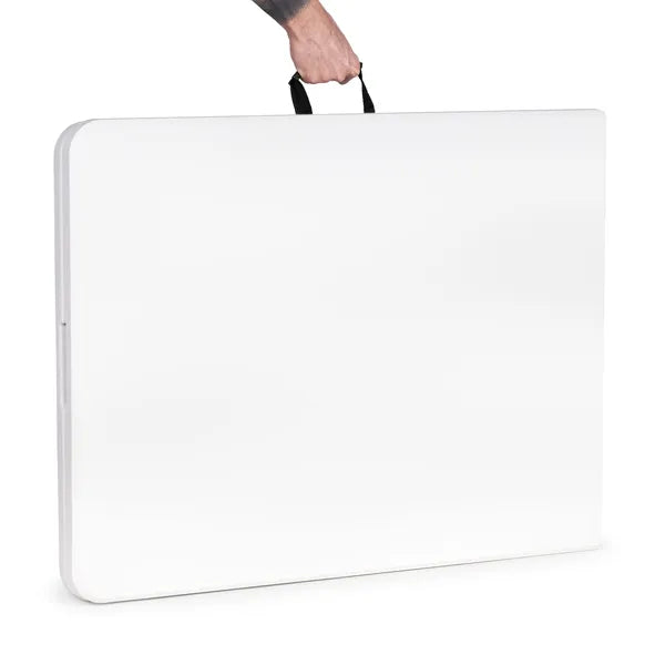 Fehér, bőrönddé hajtható összecsukható catering asztal 180×74 cm, ModernHome