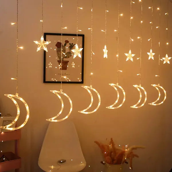 Függöny LED fényfüzér hold–csillag motívummal, 4 m, 96 LED, meleg fehér