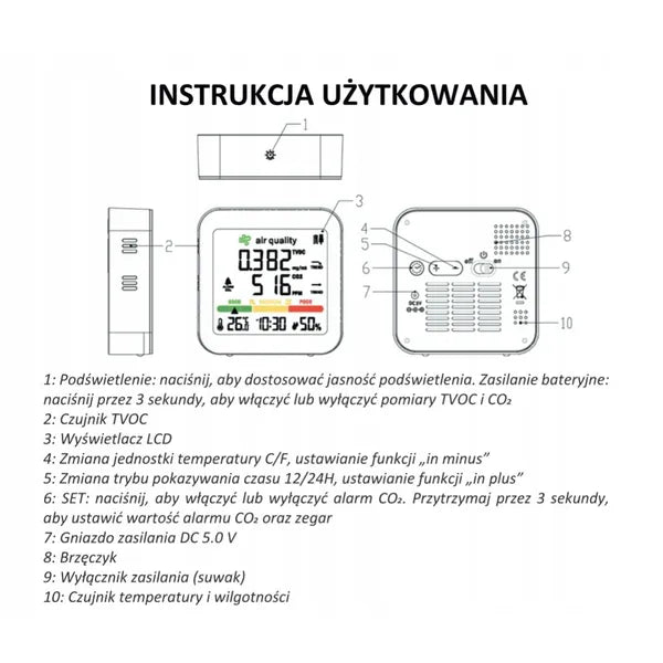 CO₂/TVOC meteorológiai állomás, beltéri hőmérséklet- és páramérő, USB