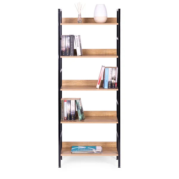 Loft stílusú 5 polcos könyvespolc, fém váz MDF polcok, 160 cm
