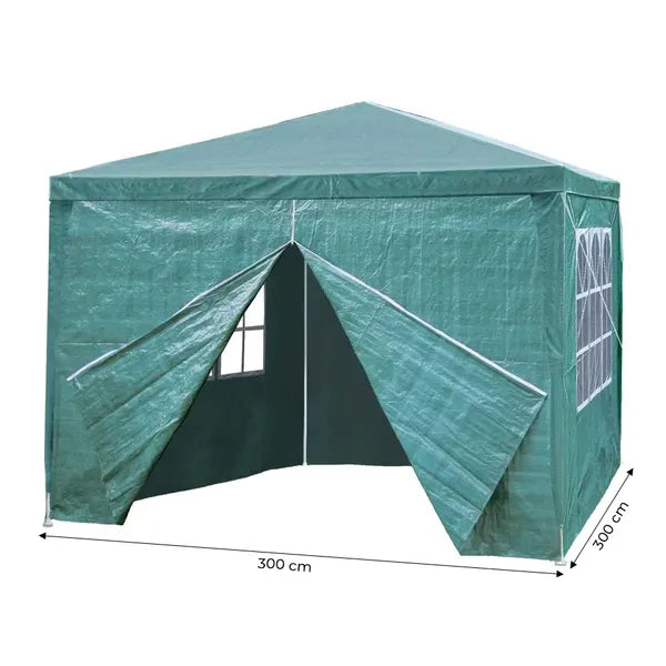 Zöld kerti pavilon sátor 3×3 m, 4 oldalfallal, vízálló PE, fém váz