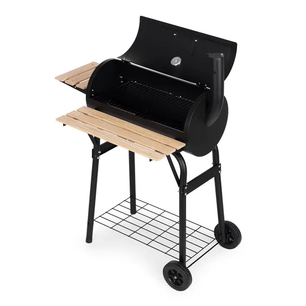 Nagyméretű kerti grill hőmérővel, kéménnyel, 3 polccal és kerekekkel