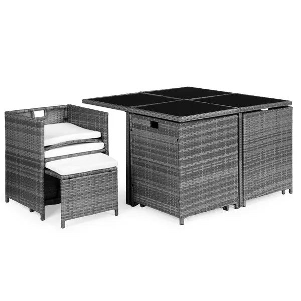 Polyrattan kerti bútor szett 4 fotellel, 4 puffal és üveglapos asztallal