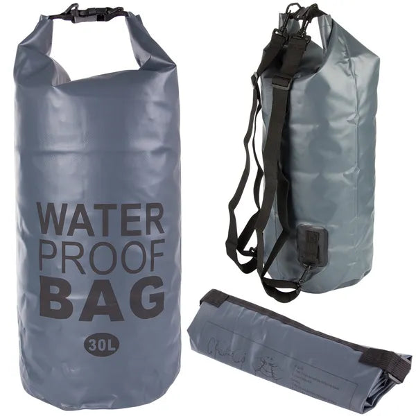 Vízálló szárazzsák hátizsák, 30 l, szürke nylon, roll-top zár