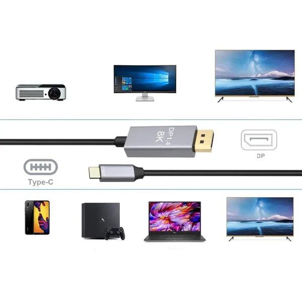 USB-C–DisplayPort 1.4 kábel, 8K60Hz, 1,8 m, aranyozott csatlakozó