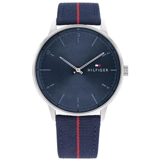 Tommy Hilfiger férfi kvarc karóra, 43 mm, kék/piros szövet szíj