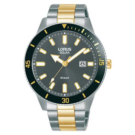 Lorus Solar férfi karóra, 43 mm, bicolor acél szíj, fekete számlap, WR100