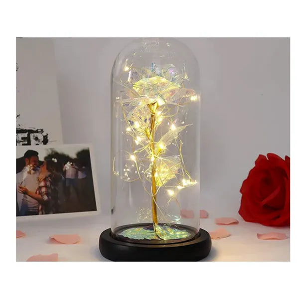 Örök arany rózsa üveg búrában melegfehér LED-del, 21 cm