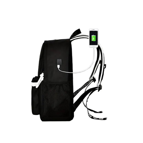Fényvisszaverő, USB kimenetes ifjúsági iskolatáska, fekete 40×32×15 cm