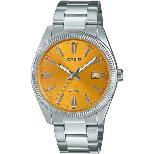 Casio MTP-1302PD-9AVEF férfi karóra, ezüst nemesacél, sárga számlap, WR50