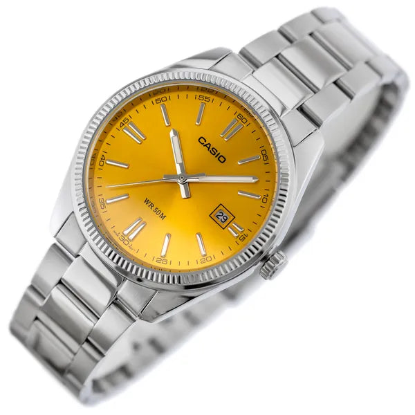 Casio MTP-1302PD-9AVEF férfi karóra, ezüst nemesacél, sárga számlap, WR50