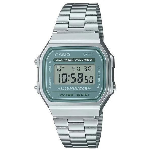 Casio A168WA-3A unisex retro digitális karóra, acél szíj, zöld LCD, WR30
