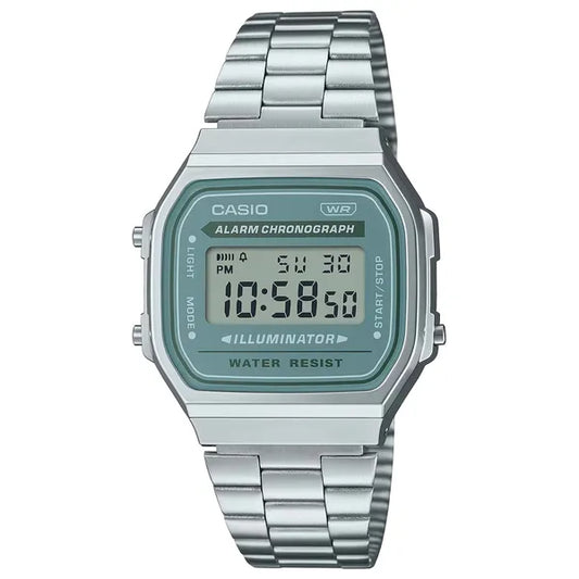 Casio A168WA-3A unisex retro digitális karóra, acél szíj, zöld LCD, WR30