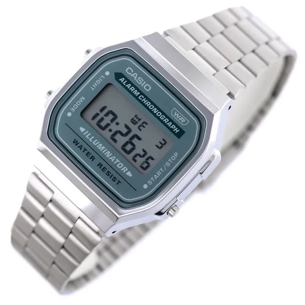 Casio A168WA-3A unisex retro digitális karóra, acél szíj, zöld LCD, WR30
