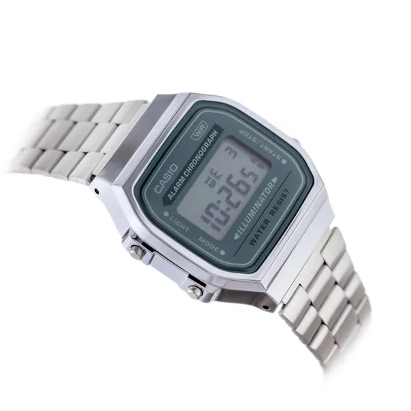 Casio A168WA-3A unisex retro digitális karóra, acél szíj, zöld LCD, WR30