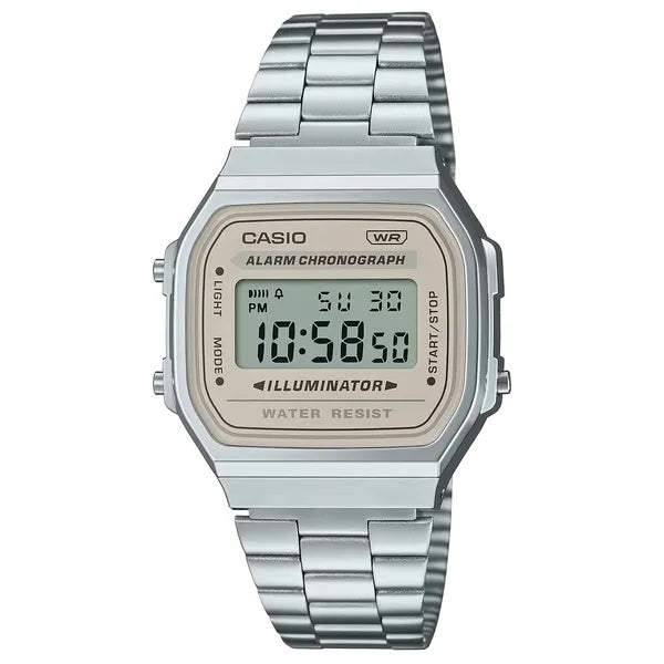 Casio A168WA-8A uniszex retro digitális karóra, acél szíj, LED, WR30