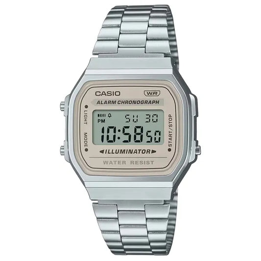 Casio A168WA-8A uniszex retro digitális karóra, acél szíj, LED, WR30