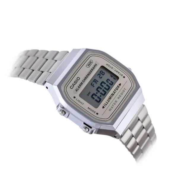 Casio A168WA-8A uniszex retro digitális karóra, acél szíj, LED, WR30