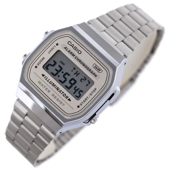 Casio A168WA-8A uniszex retro digitális karóra, acél szíj, LED, WR30