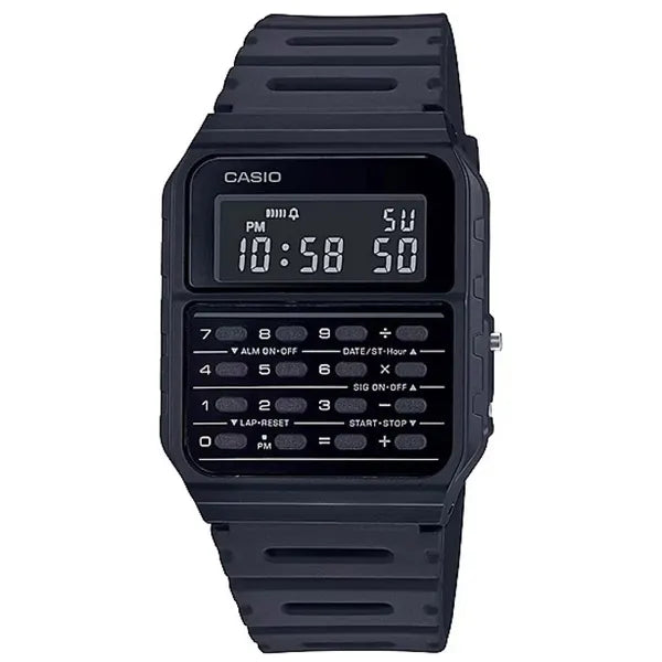 Casio CA-53WF-1B férfi digitális kalkulátoros karóra, fekete műanyag, WR30