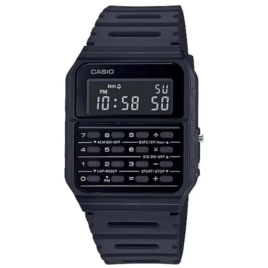 Casio CA-53WF-1B férfi digitális kalkulátoros karóra, fekete műanyag, WR30