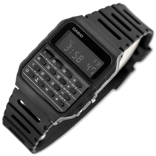 Casio CA-53WF-1B férfi digitális kalkulátoros karóra, fekete műanyag, WR30
