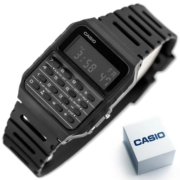 Casio CA-53WF-1B férfi digitális kalkulátoros karóra, fekete műanyag, WR30