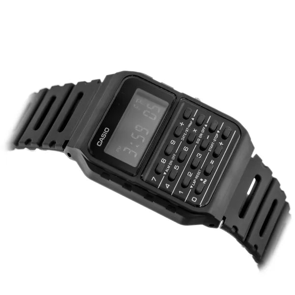 Casio CA-53WF-1B férfi digitális kalkulátoros karóra, fekete műanyag, WR30