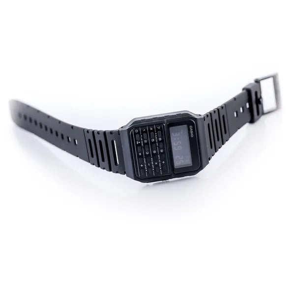 Casio CA-53WF-1B férfi digitális kalkulátoros karóra, fekete műanyag, WR30