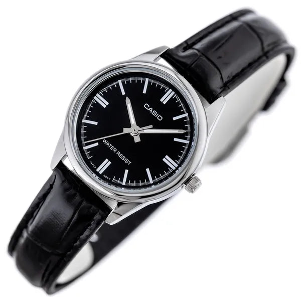 Casio női karóra LTP-V005L-1A, fekete bőrszíj, 28 mm, WR30, díszdoboz
