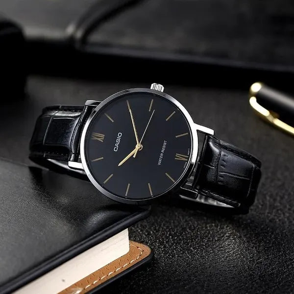Casio MTP-VT01L-1B férfi karóra, 40 mm, fekete bőr, WR30