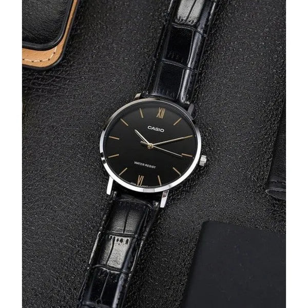 Casio MTP-VT01L-1B férfi karóra, 40 mm, fekete bőr, WR30