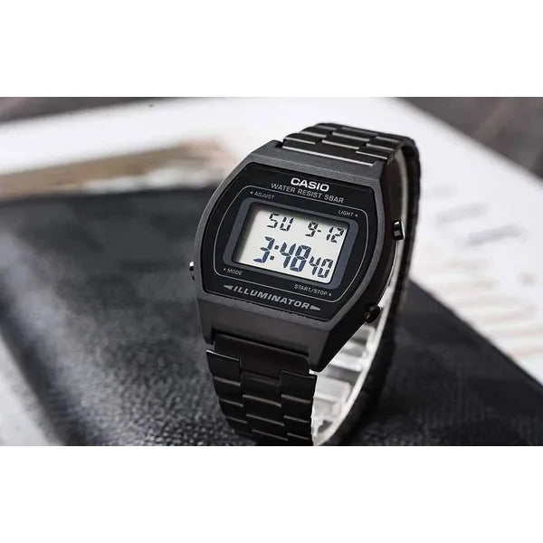 Casio B640WB-1ADF férfi retro karóra LCD, fekete acél, WR50 vízálló