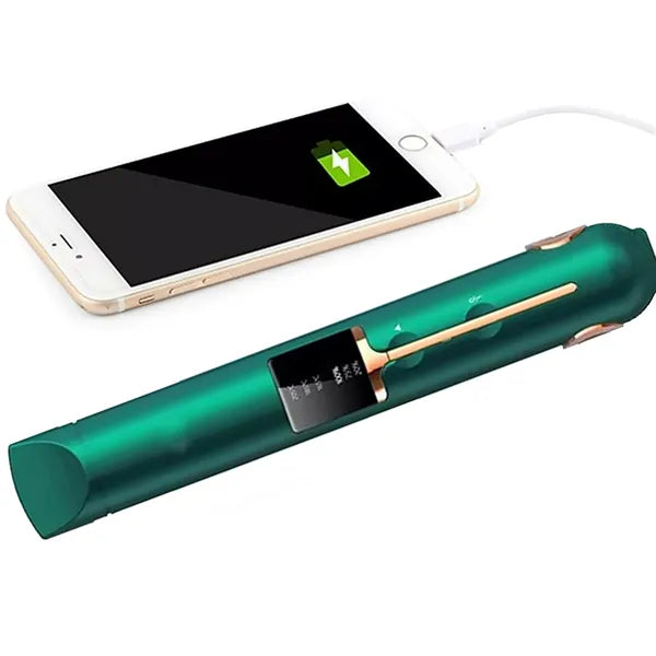 Vezeték nélküli kerámia hajvasaló LCD-vel, powerbank, zöld, 75-205 °C