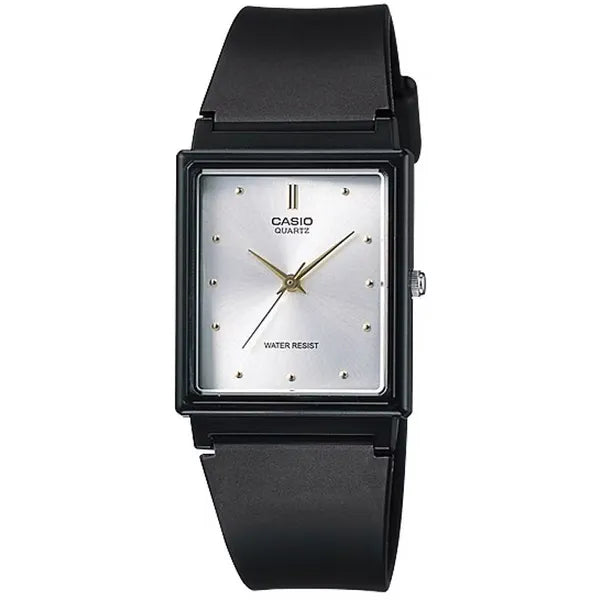 Casio női karóra, téglalap tok, ezüst számlap, fekete műanyag szíj