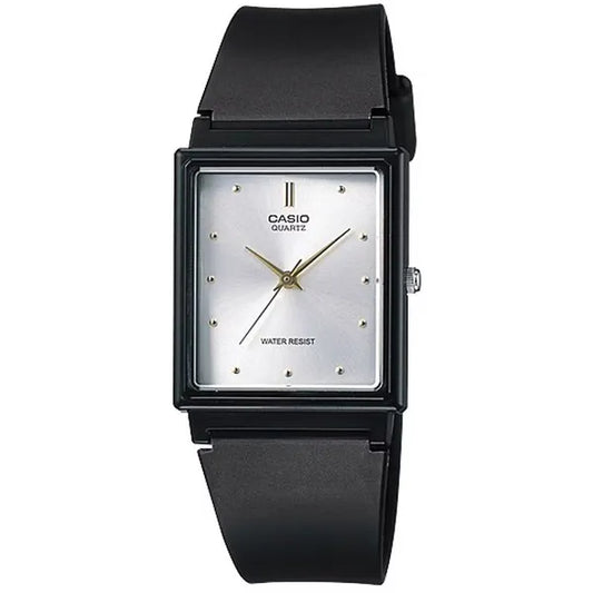 Casio női karóra, téglalap tok, ezüst számlap, fekete műanyag szíj