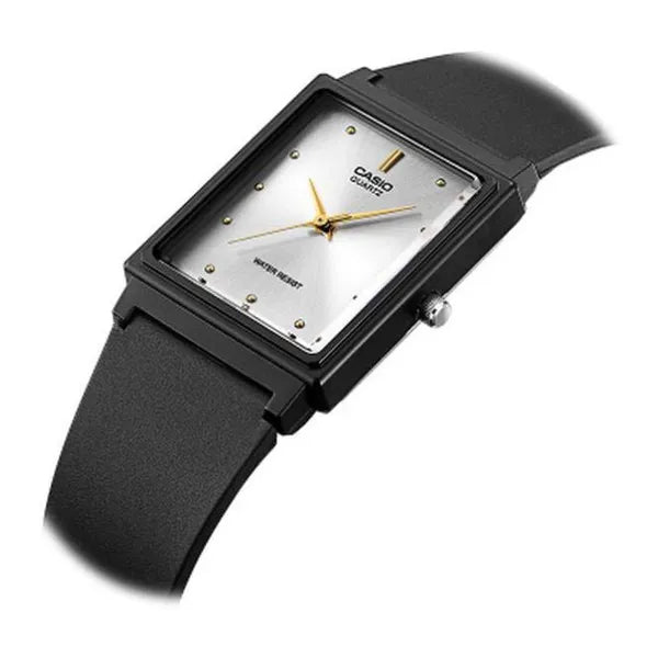 Casio női karóra, téglalap tok, ezüst számlap, fekete műanyag szíj