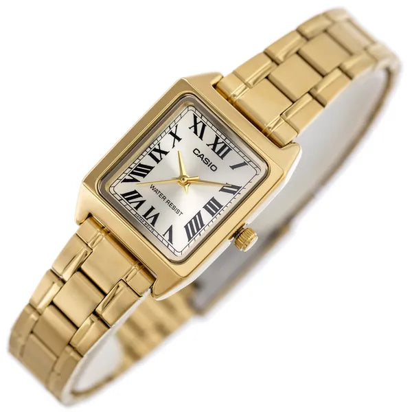 Casio női karóra, arany nemesacél, téglalap tok, kvarc, WR50