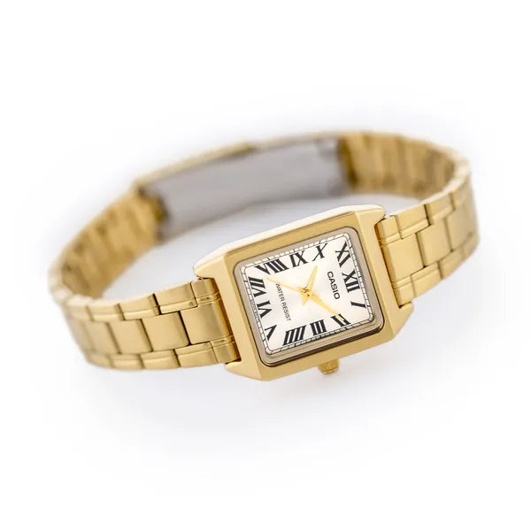 Casio női karóra, arany nemesacél, téglalap tok, kvarc, WR50