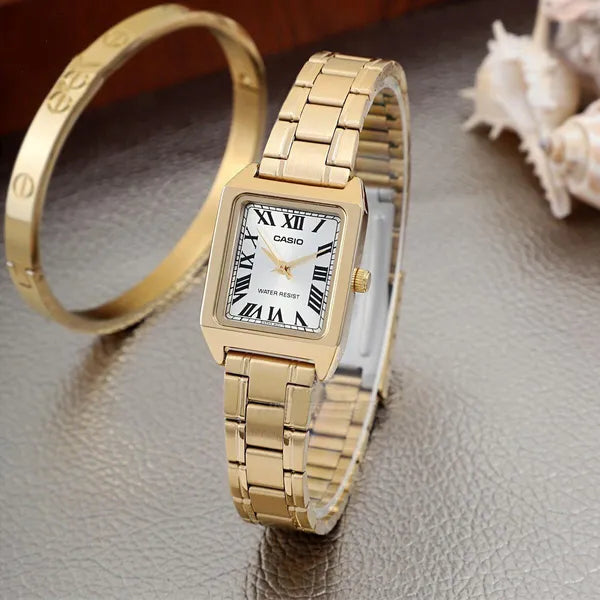 Casio női karóra, arany nemesacél, téglalap tok, kvarc, WR50