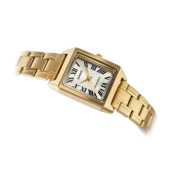 Casio női karóra, arany nemesacél, téglalap tok, kvarc, WR50